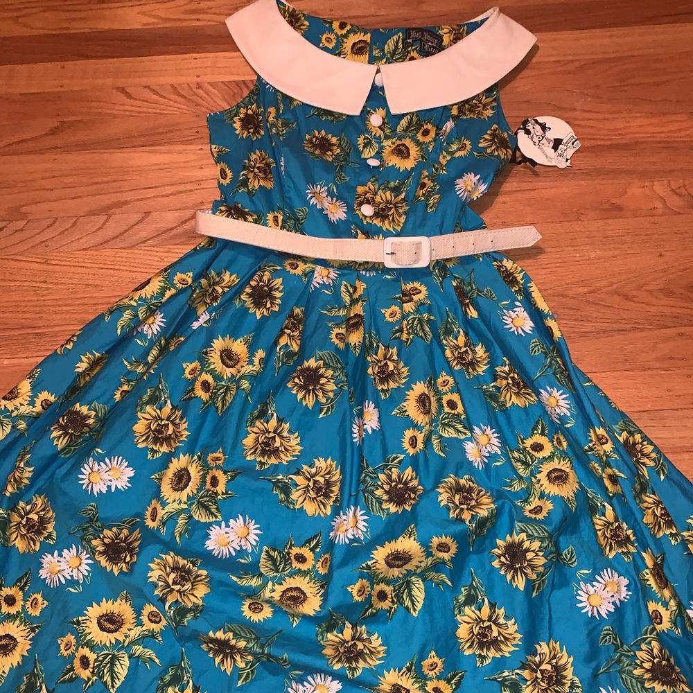 NWT Hell Bunny Blue Sunflower Swing Dress